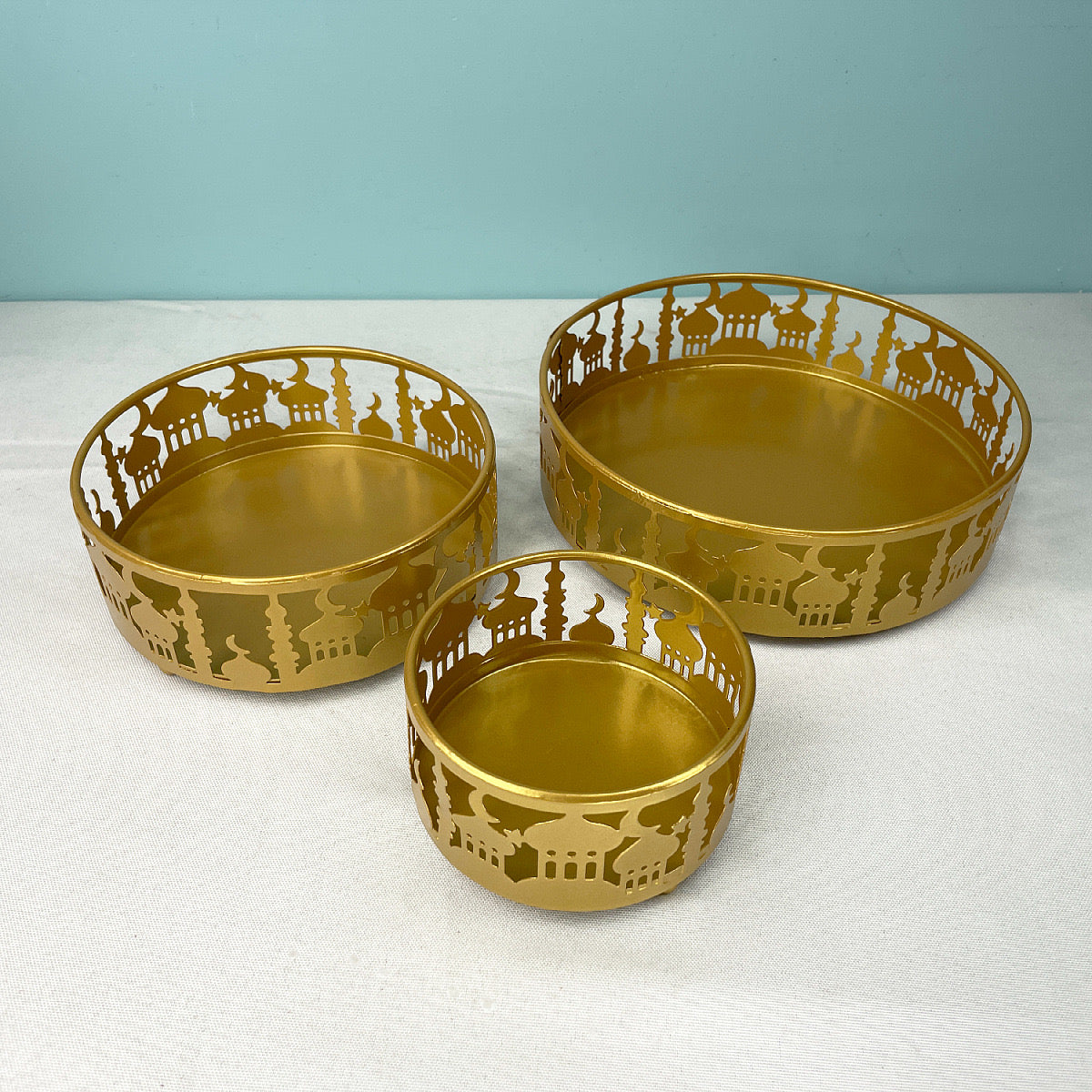 Set of 3 Gold Metal Eid Mubarak Food Tray Storage Containers