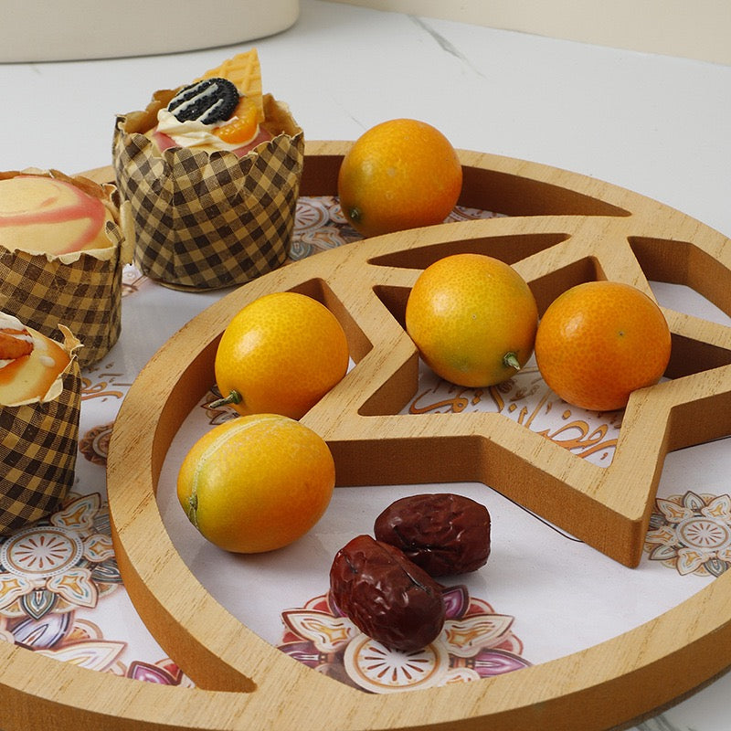 Ramadan Eid Mubarak Wooden Circle Moon Star Food Tray Tableware