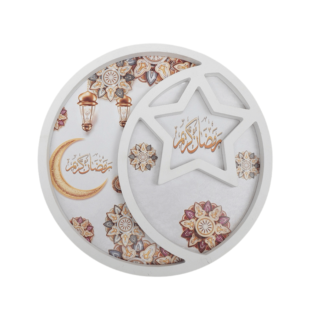Ramadan Eid Mubarak Wooden Circle Moon Star Food Tray Tableware